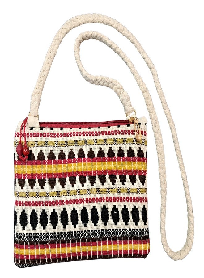 Fabjute حقيبة كتف من قماش فابجوت المصنوع يدويًا للفتيات والسيدات | حزام طويل مضفر (48-50 بوصة) | حقيبة كروس خفيفة الوزن بسحاب وزينة متدلية | مناسبة للارتداء اليومي والمناسبات العرقية (أبيض كريمي/عنابي) - Image 4